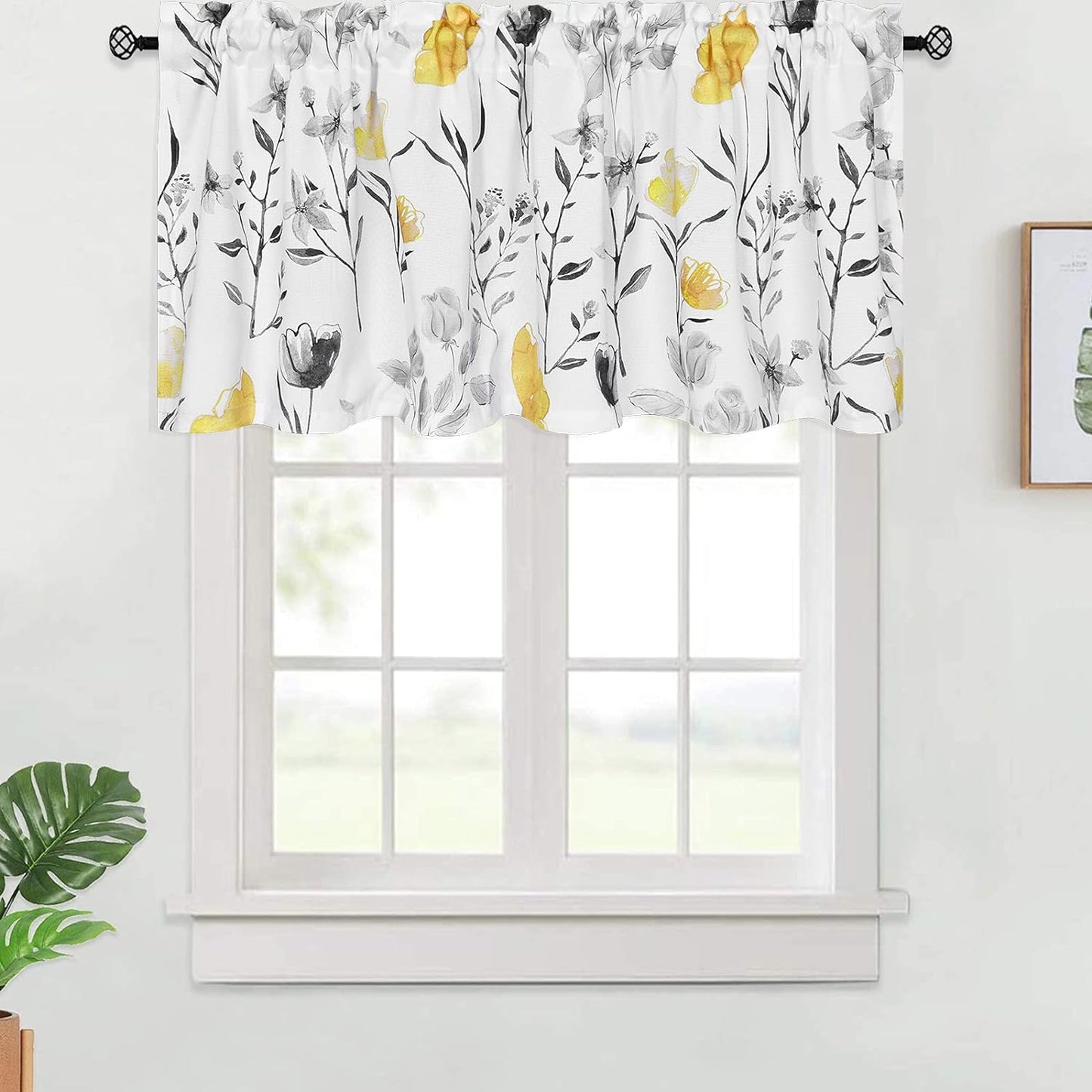 Likiyol Floral Kithchen Curtains 36 Inch Watercolor Flower Leaves Tier Curtains, Yellow and Gray Floral Cafe Curtains, Rod Pocket Small Window Curtain for Cafe Bathroom Bedroom Drapes  Likiyol Yellow 18"L X 52"W 