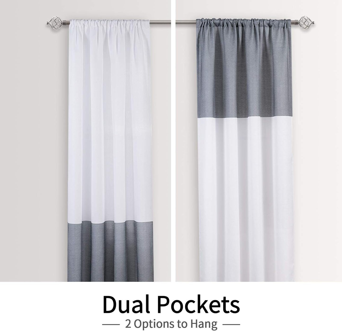 Melodieux Color Block Semi Sheer Curtains for Living Room 63 Inch Length, White Grey Linen Look Reversible Rod Pocket Window Drapes, 52 by 63 Inch (2 Panels)  Melodieux   