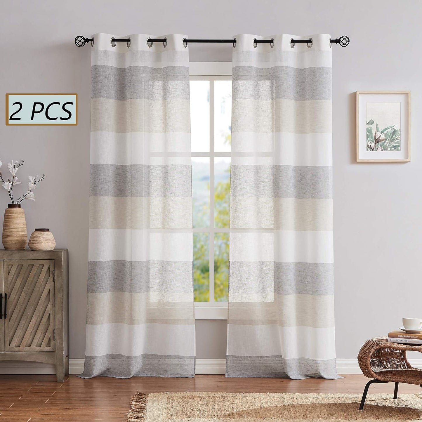 Central Park Gray Tan Stripe Sheer Color Block Window Curtain Panel Linen Window Treatment for Bedroom Living Room Farmhouse 84 Inches Long with Grommets, 2 Panel Rustic Drapes  Central Park Gray/Tan 40"X63"X2 