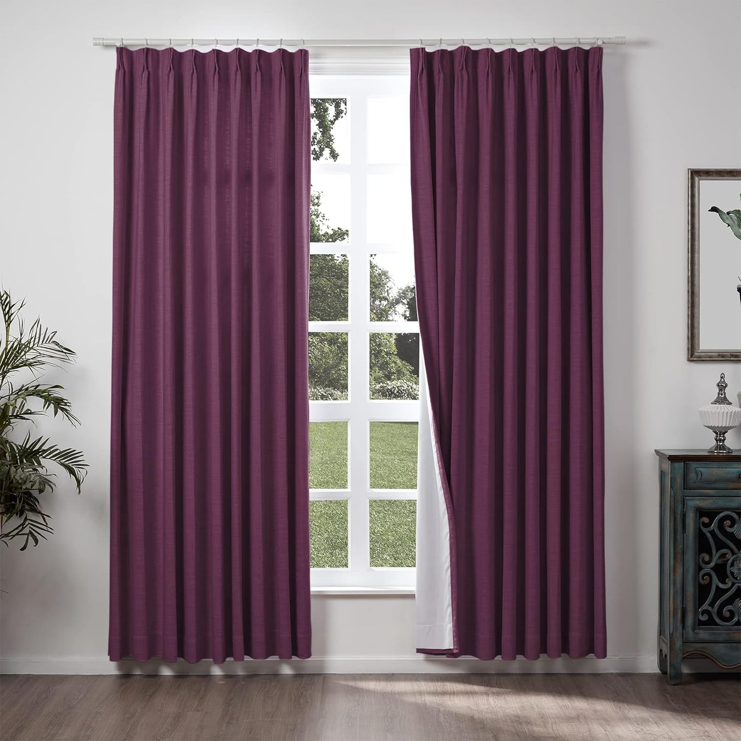 Chadmade 50" W X 63" L Polyester Linen Drape with Blackout Lining Pinch Pleat Curtain for Sliding Door Patio Door Living Room Bedroom, (1 Panel) Sand Beige Tallis Collection  ChadMade Plum (21) 120Wx96L 