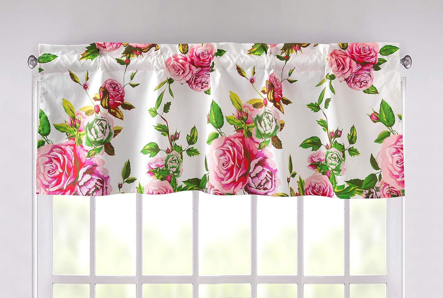 Dada Bedding Romantic Roses Floral Window Curtain Valance - Semi Sheer Natural Lighting Pink White Straight Tailored Edge - Lovely Blooming Spring Bright Vibrant Colorful Kitchen Decor - 18" X 52"