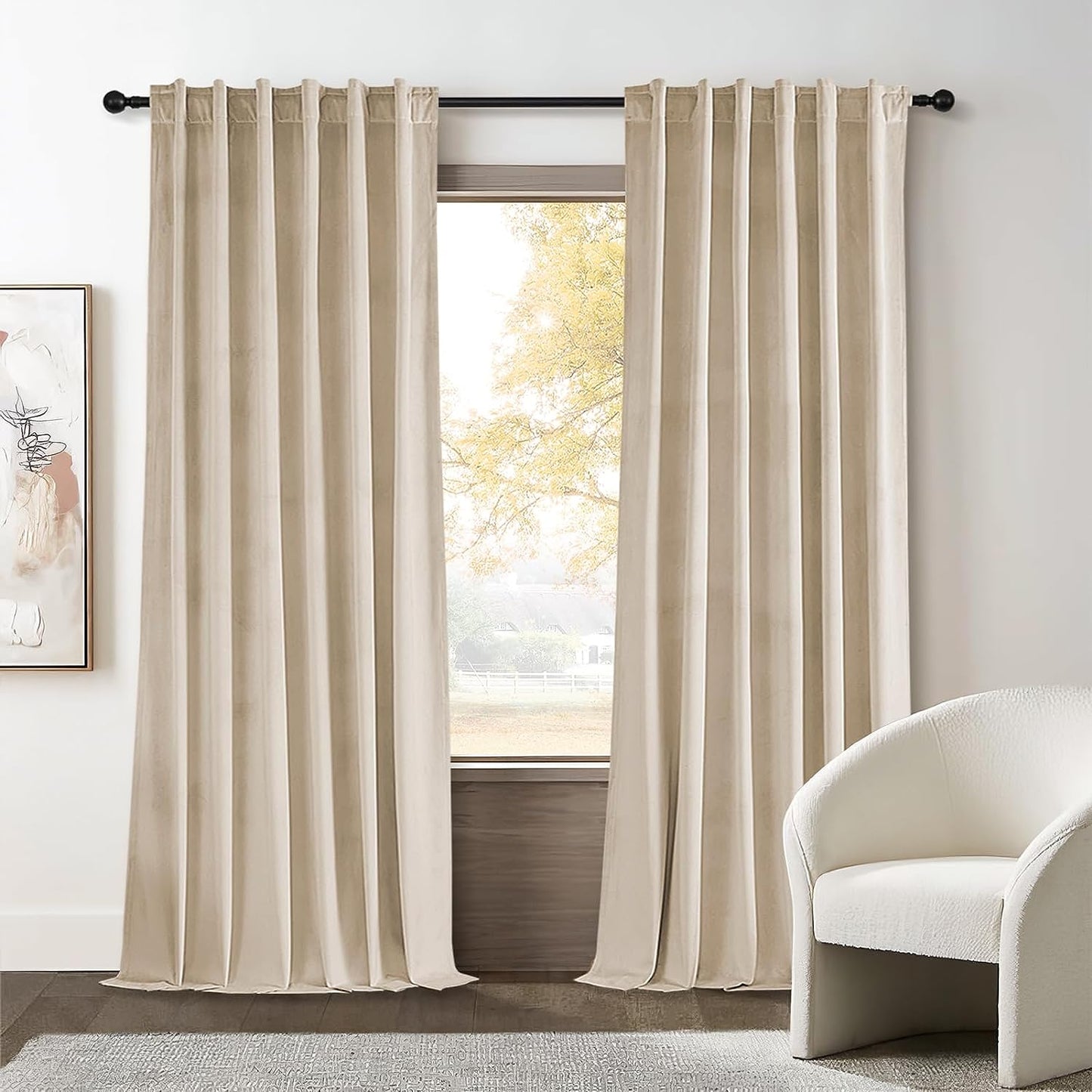 Topfinel Olive Green Velvet Curtains 84 Inches Long for Living Room,Blackout Thermal Insulated Curtains for Bedroom,Back Tab Modern Window Treatment for Living Room,52X84 Inch Length,Olive Green  Top Fine Beige 52" X 84" 
