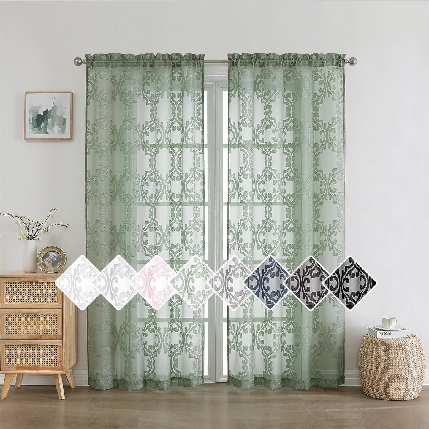 Aiyufeng Suri 2 Panels Sheer Sage Green Curtains 63 Inches Long, Light & Airy Privacy Textured Sheer Drapes, Dual Rod Pocket Voile Clipped Floral Luxury Panels for Bedroom Living Room, 42 X 63 Inch  Aiyufeng Sage Green 2X42X72" 
