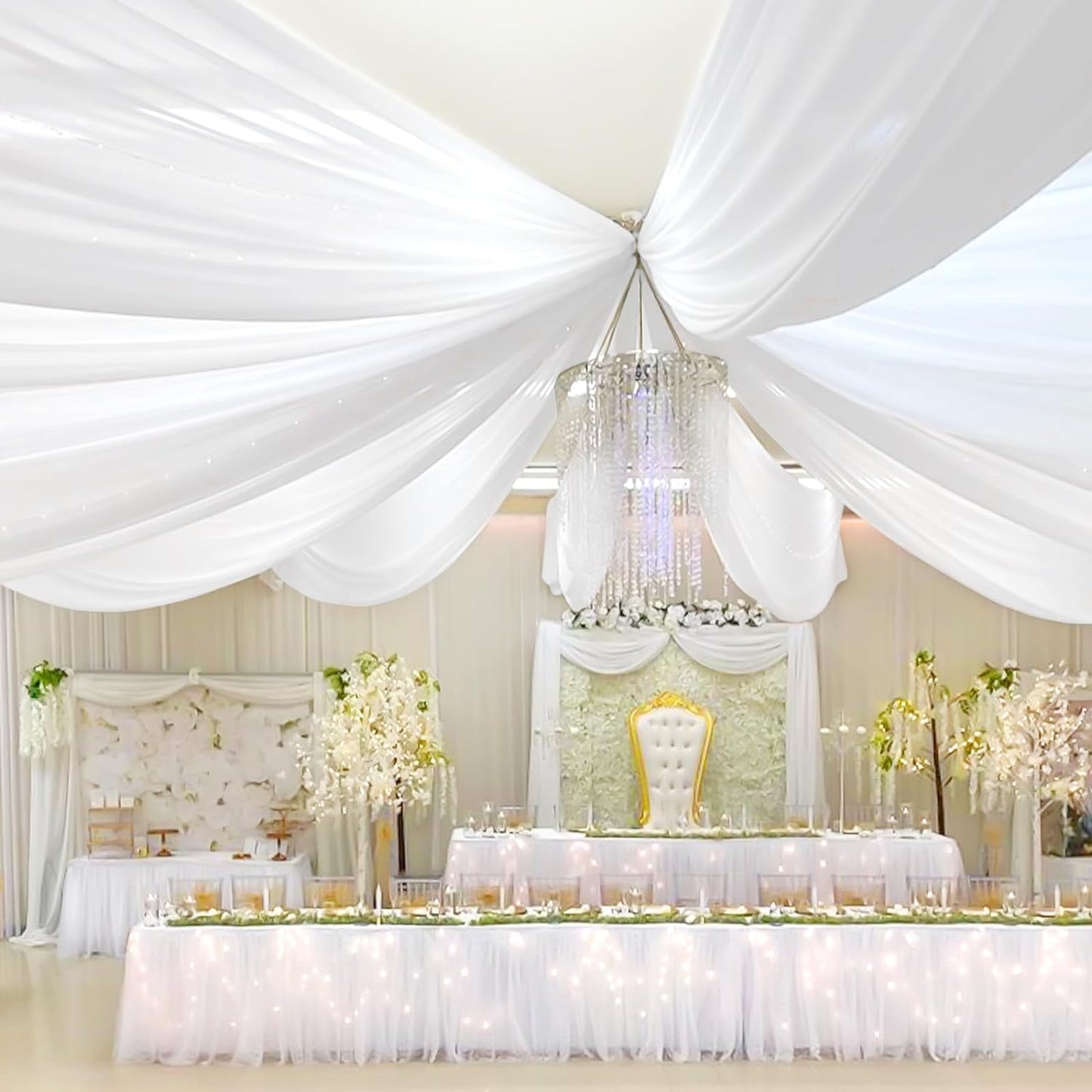 6 Panels White Ceiling Drapes for Wedding Ceiling Drapes 5Ftx20Ft Wedding Arch Draping Fabric Sheer Curtains Voile Chiffon Drapery Draping Wedding Ceiling Decorations for Party Ceremony Stage Swag  Showgeous White 2 Panel-5Ftx15Ft(60"Wx180"L) 