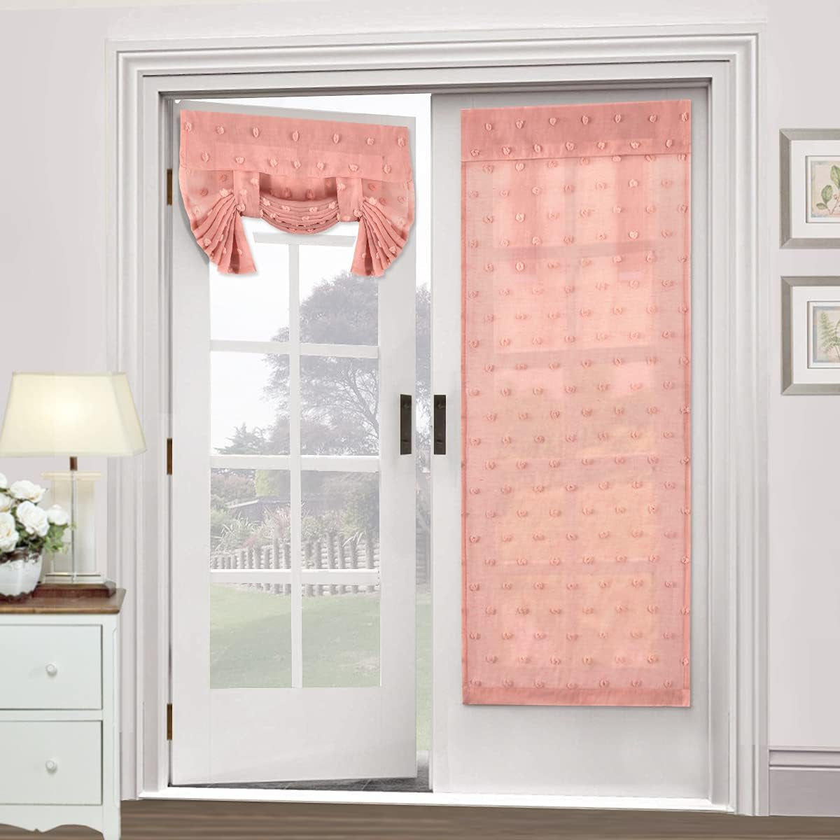 H.VERSAILTEX Natural Linen Blended Door Curtain - Semi Sheer French Door Curtain Light Filtering Tricia Window Door Curtain for Patio Door Tie up Shade, 26 X 68 Inches, 1 Panel, Angora  H.VERSAILTEX Pompom - Coral Pink 2 
