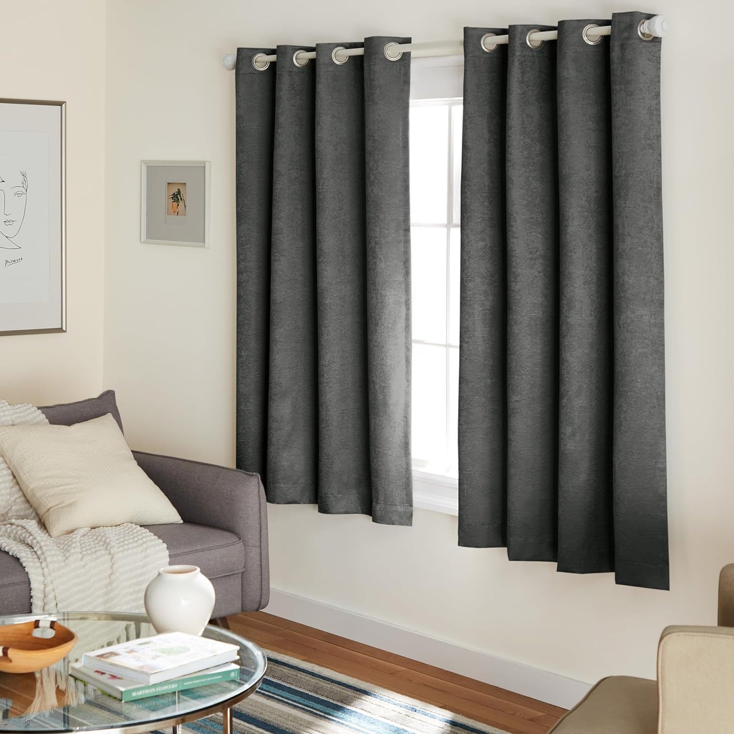 Exclusive Home Oxford Textured Sateen Room Darkening Blackout Grommet Top Curtain Panel Pair, 52"X108", Navy  Exclusive Home Curtains Charcoal 52X63 