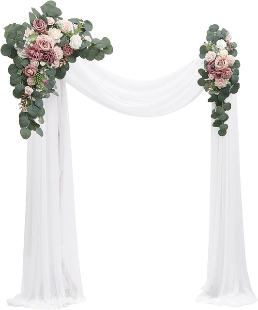 Floroom Arch Flowers with Drapes Kit (Pack of 4) - 2Pcs Artificial Dusty Rose & Blush Floral Swag Arrangement with 2Pcs Draping Fabric for Wedding Ceremony Arbor and Reception Backdrop Decoration