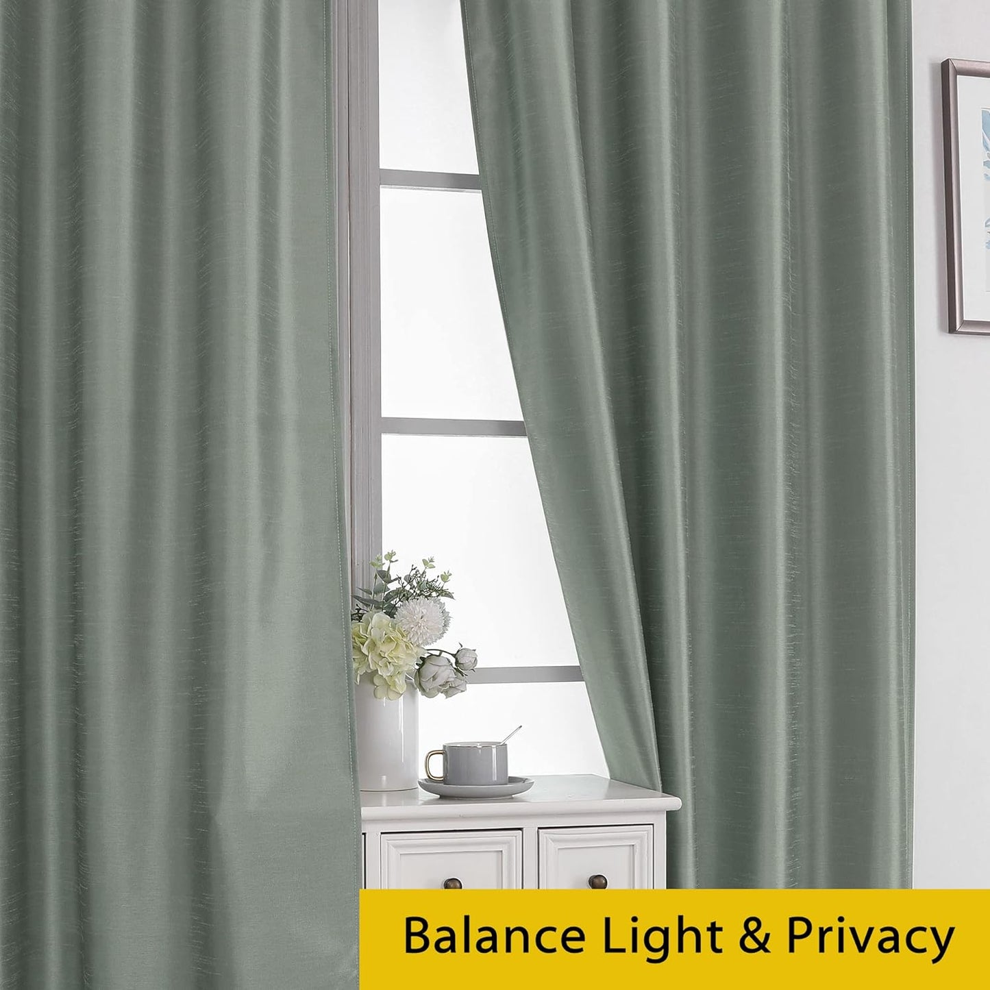 Chyhomenyc Uptown Sage Green Kitchen Curtains 45 Inch Length 2 Panels, Room Darkening Faux Silk Chic Fabric Short Window Curtains for Bedroom Living Room, Each 30Wx45L  Chyhomenyc   