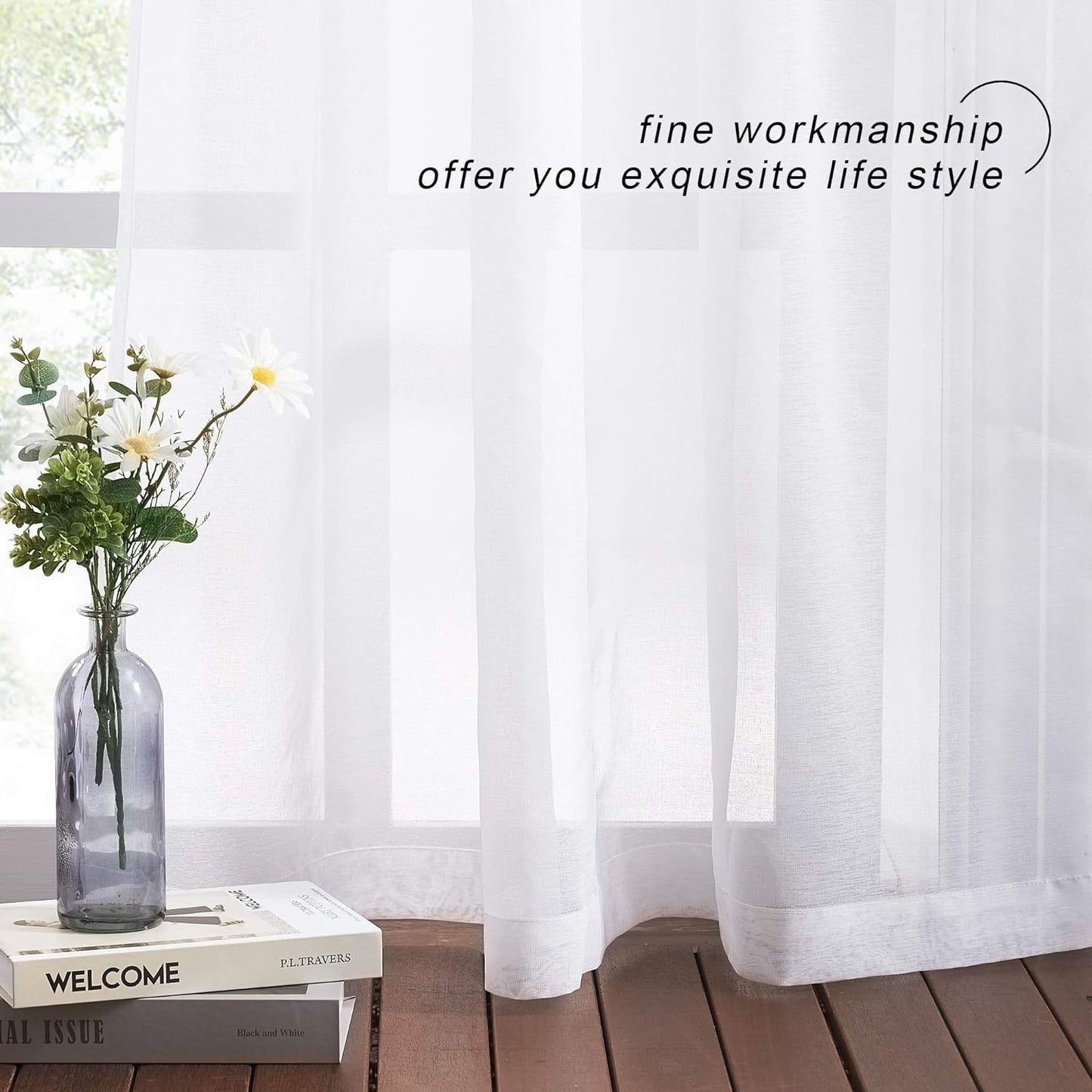 NICETOWN White Semi Sheer Curtains for Living Room- Linen Texture Light Airy Drapes, Rod Pocket & Back Tab Design Voile Panels for Large Window, Set of 2, 55 X 108 Inch  NICETOWN   