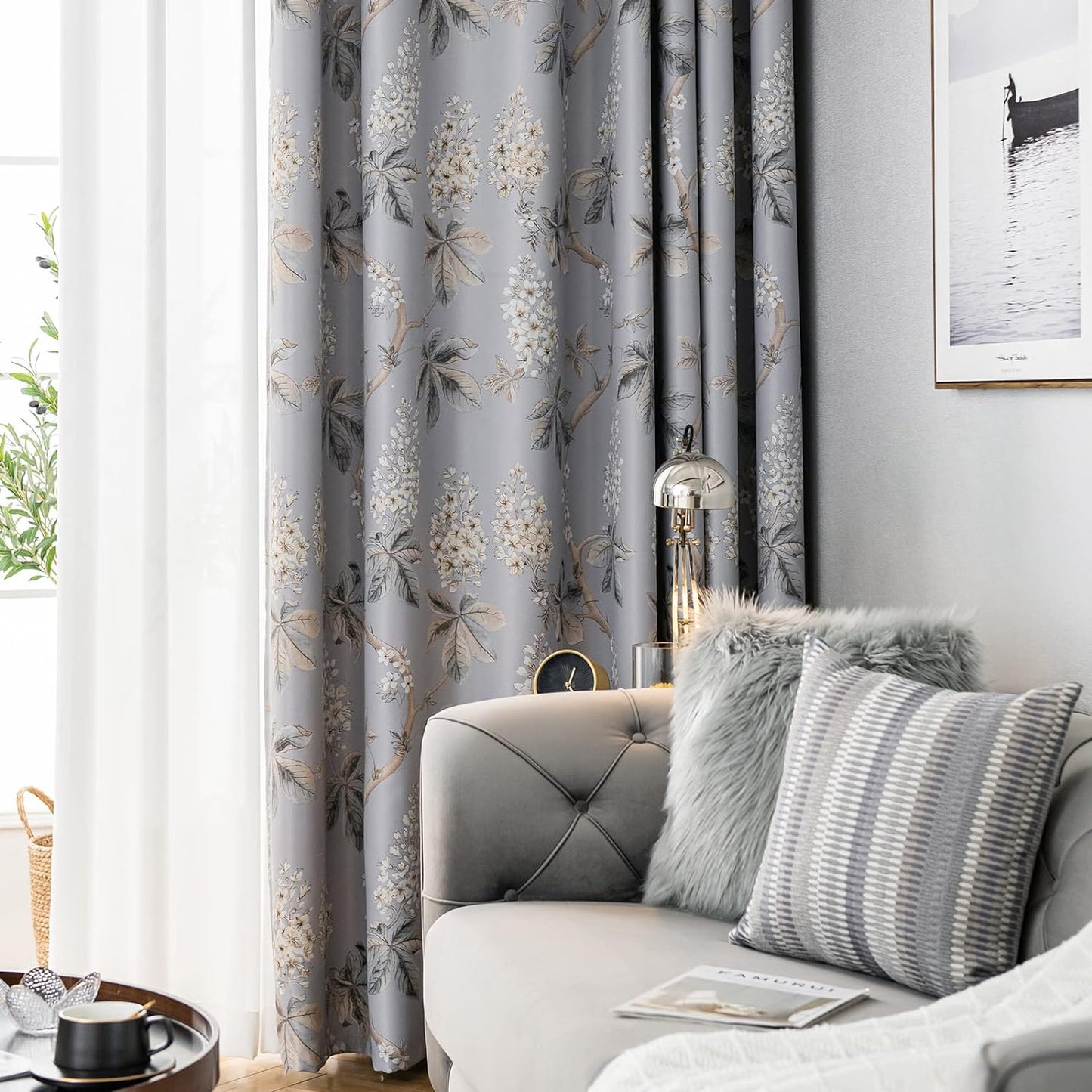 Double Sided Floral Blackout Curtains for Bedroom Patterned Vintage Flower Thermal Insulated Window Drapes Room Darkening for Living Room 2 Panels 84 Inches Long Blue  SUOUO Front (Grey Color)/Back ( White Color) W52 X L96 Inch,1Pair 