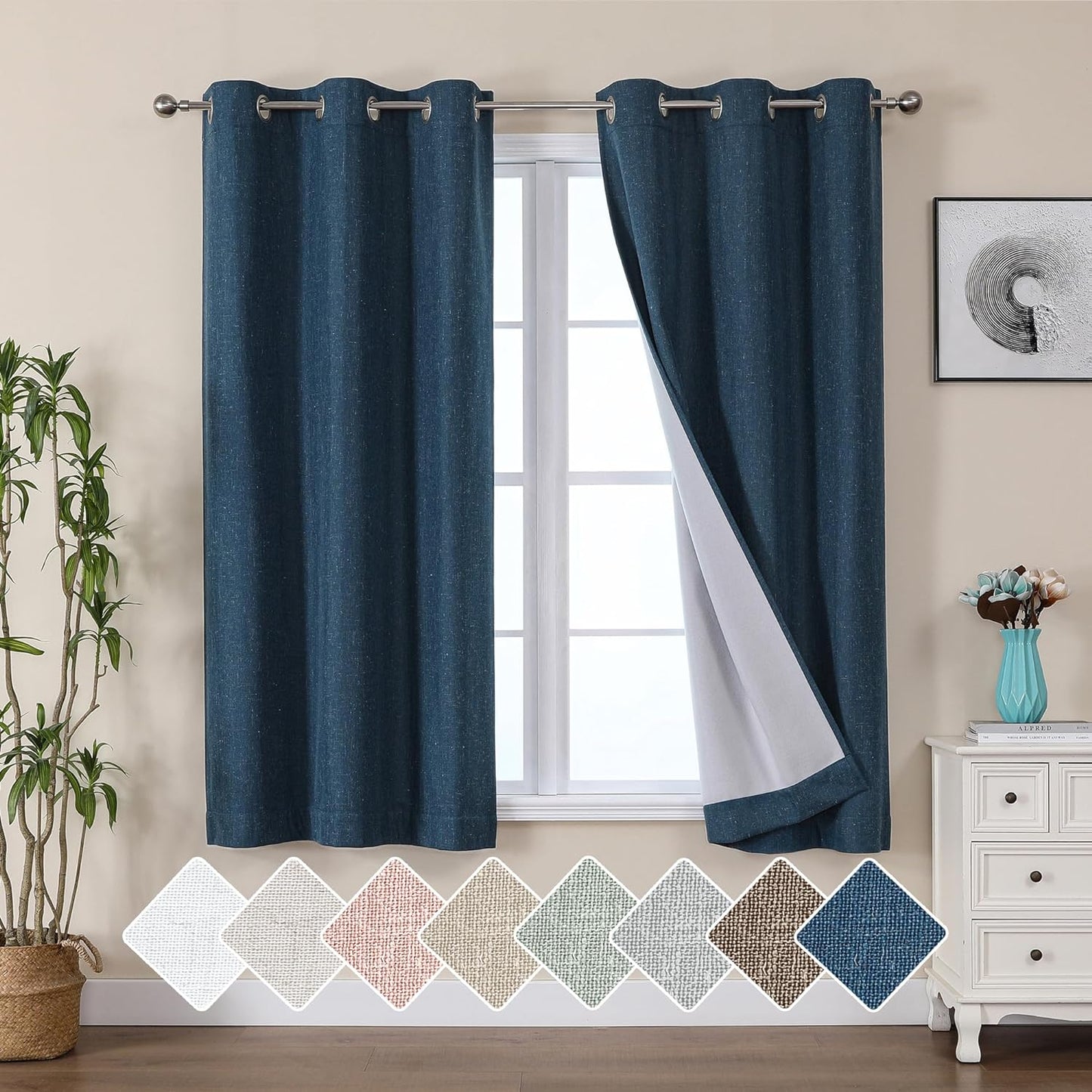 Jenny Ivory Beige Textured Linen 100% Blackout Curtains 63 Inch Length 2 Panels, Energy Saving Window Treatment Heavy Curtain Drapes for Bedroom/Living Room, Burlap Fabric Curtains, 38W  Simplebrand Navy Blue 38"W X 54"L 