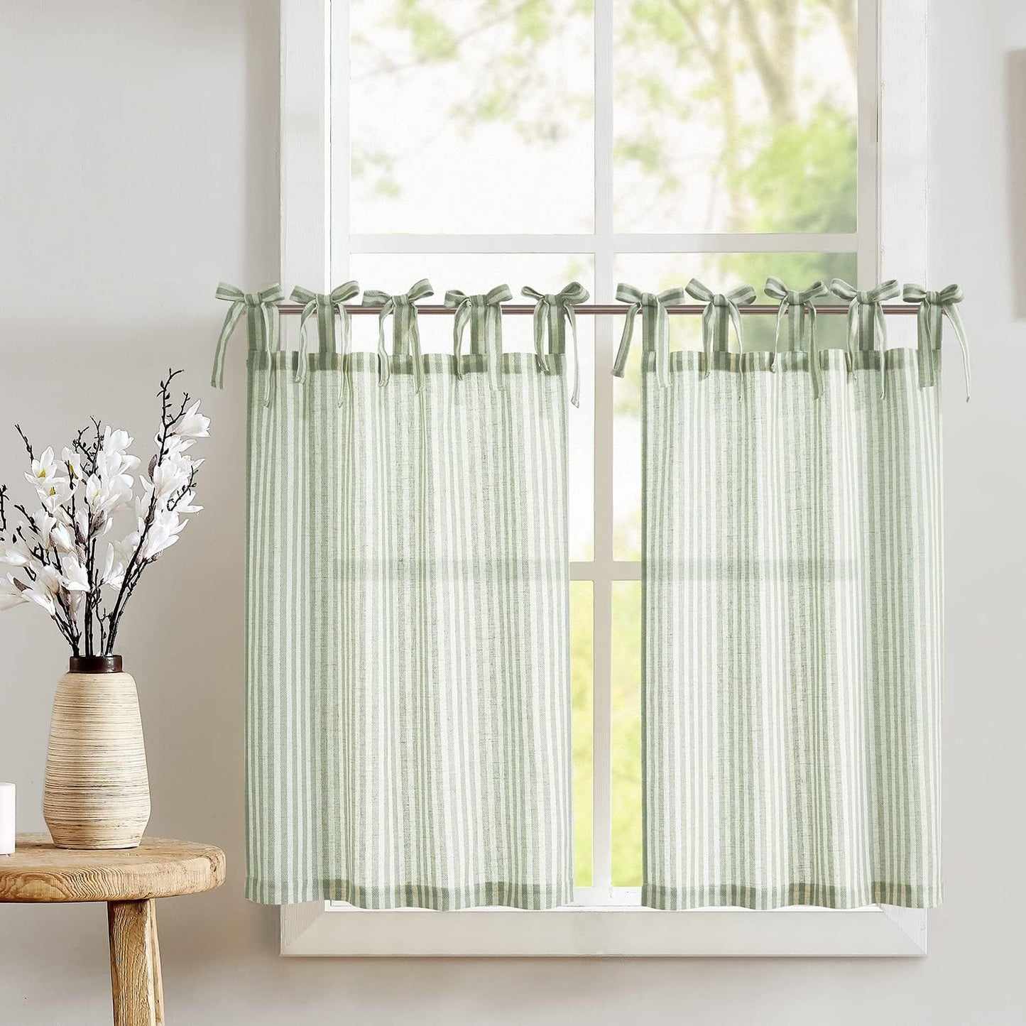 Jinchan Linen Kitchen Curtains Striped Tier Curtains Ticking Stripe Curtains Pinstripe Cafe Curtains 24 Inch Length for Living Room Bathroom Farmhouse Rustic Curtains Rod Pocket 2 Panels Tan  CKNY HOME FASHION Tie Top Striped Sage Green W26 X L36 