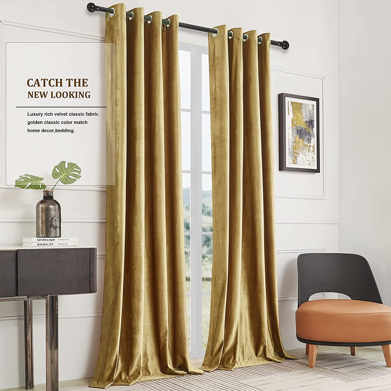 BULBUL Velvet Gold Curtains 84 Inch Length- Living Room Blackout Thermal Window Drapes Darkening Decor Grommet Curtains for Bedroom Set of 2 Panels  BULBUL   