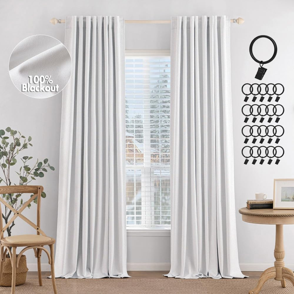 MIULEE 100% Blackout Curtains 90 Inches Long, Linen Curtains & Drapes for Bedroom Back Tab Black Out Window Treatments Thermal Insulated Room Darkening Rod Pocket, Oatmeal, 2 Panels  MIULEE White 52"W*120"L 