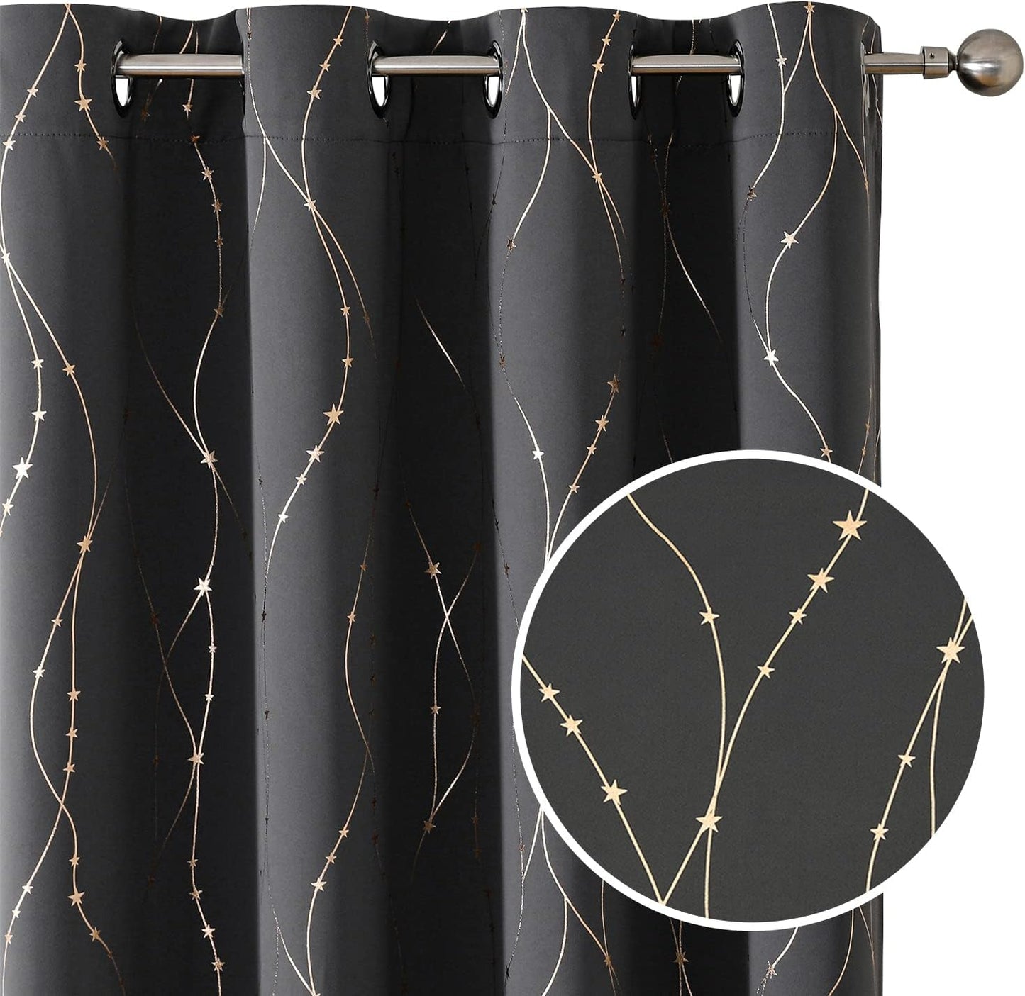 SMILE WEAVER Black Blackout Curtains for Bedroom 72 Inch Long 2 Panels,Room Darkening Curtain with Gold Print Design Noise Reducing Thermal Insulated Window Treatment Drapes for Living Room  SMILE WEAVER Dark Grey Gold 52Wx96L 