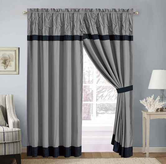 4 Piece Solid Grey Pinch Pleat Curtain Set with Attached Valance and Sheers. Curtains for Bedroom and Living Room. Lightweight and Washable. 84 Inch Tall 120 Inch Extra Wide.  Grand Linen   