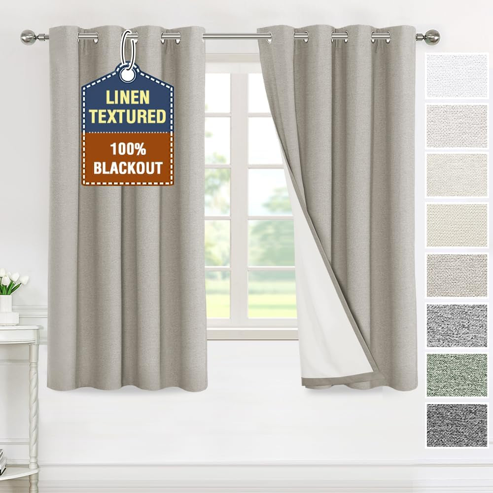 H.VERSAILTEX Linen Curtains Grommeted Total Blackout Window Draperies with Linen Feel, Thermal Liner for Energy Saving 100% Blackout Curtains for Bedroom 2 Panel Sets, 52X96 Inch, Ultimate Gray  H.VERSAILTEX Oatmeal 52"W X 63"L 
