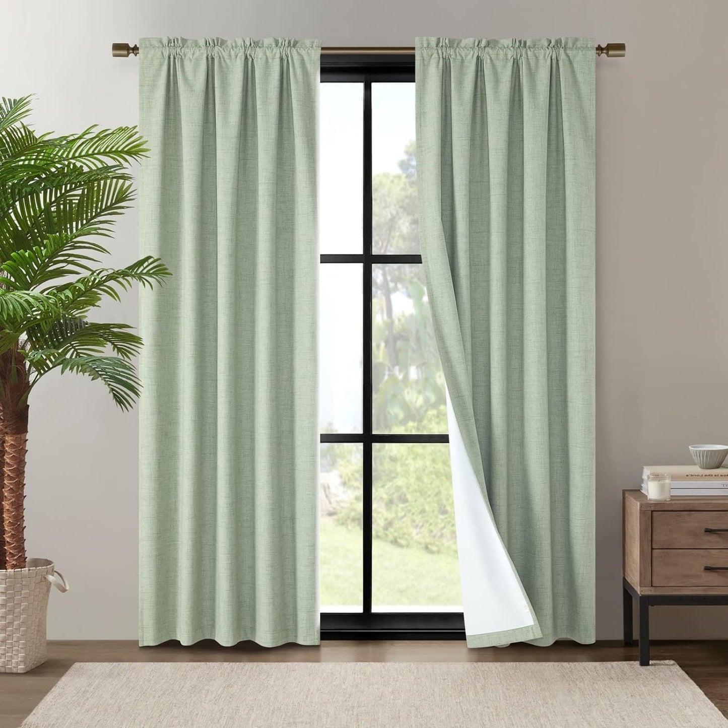Dreaming Casa Linen Blackout Curtains for Beadroom 2 Panels 102 Inch Long Living Room Drapes Boho Rustic 100% Black Out White Window Curtain with Rod Pocket, 52" W X 102" L  Dreaming Casa Green, Rod Pocket 2 X (100"W X 102"L) 