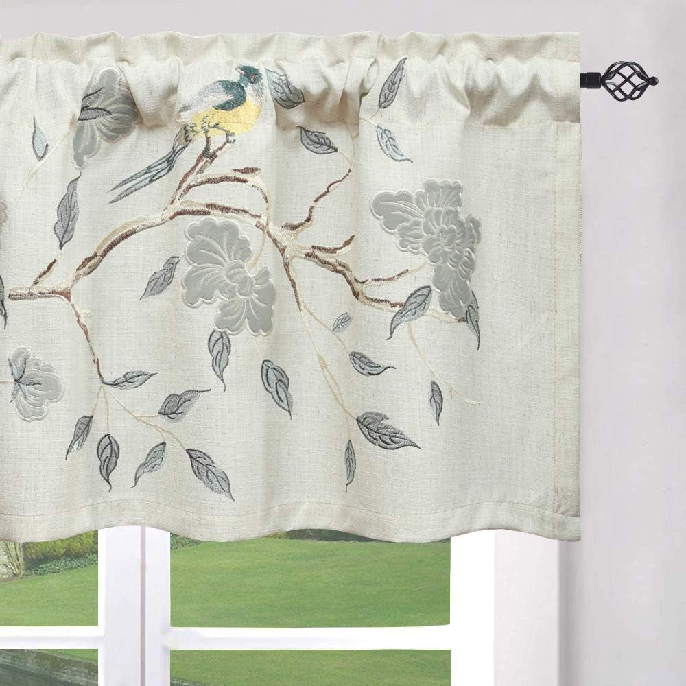 VOGOL Linen Valances for Living Room, Vintage Floral Valance for Bedroom, Rod Pocket Valance Curtains for Dining Room, 52''W X 18''L, One Panel, Flower Embroidery  YouYee W009C1  