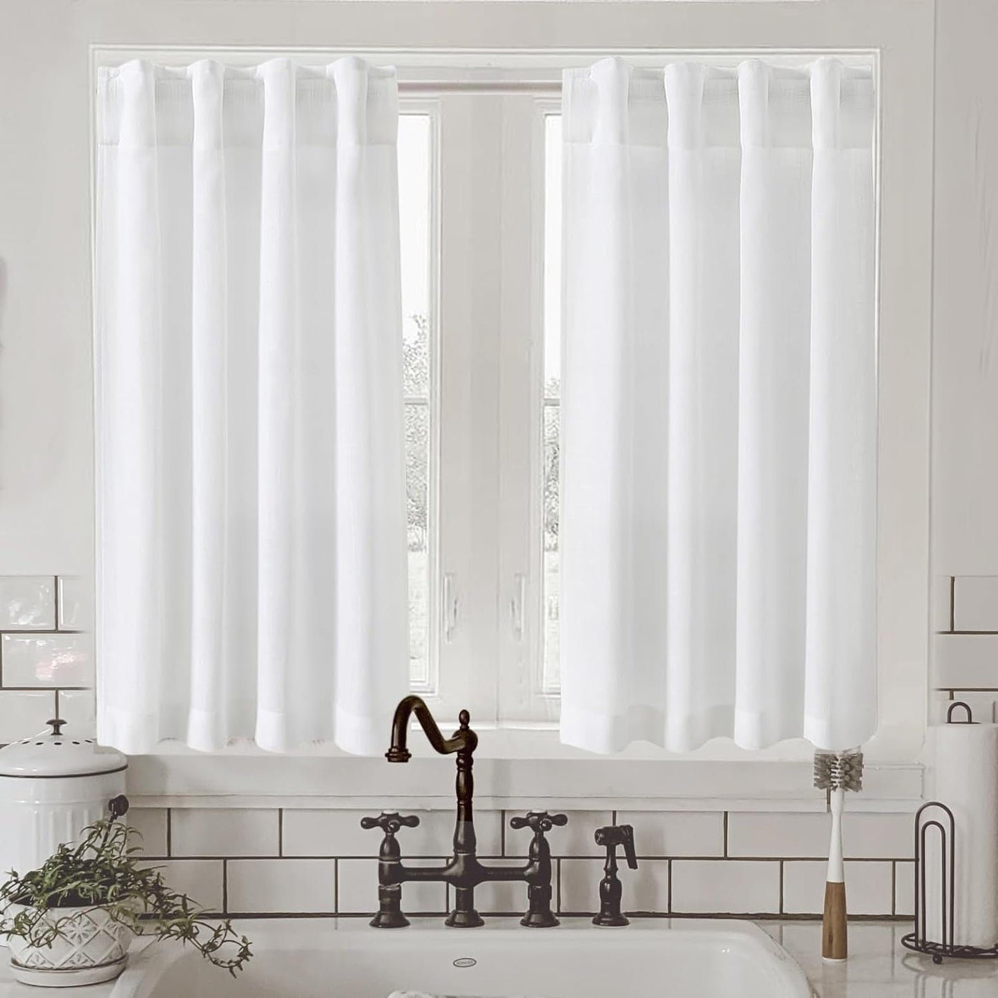Farmhouse Kitchen Window Curtains over Sink 36 Inch Length Cafe Curtain 2 Panel Set Neutral Small Window Treatment Tiers Sheer Curtains for Basement Camper 26Wx36L Nature