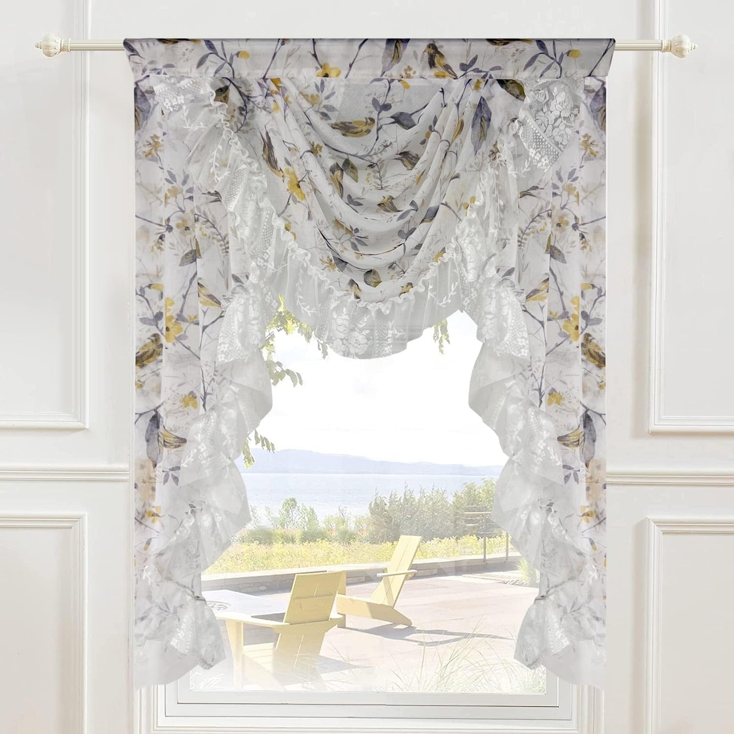 Elegant Floral Sheer Swag Valance with Lace Ruffles Luxury Beige Printed Sheer Valance for Living Room Bedroom Rod Pocket Top 1 Panel (Beige,W118 Inch)