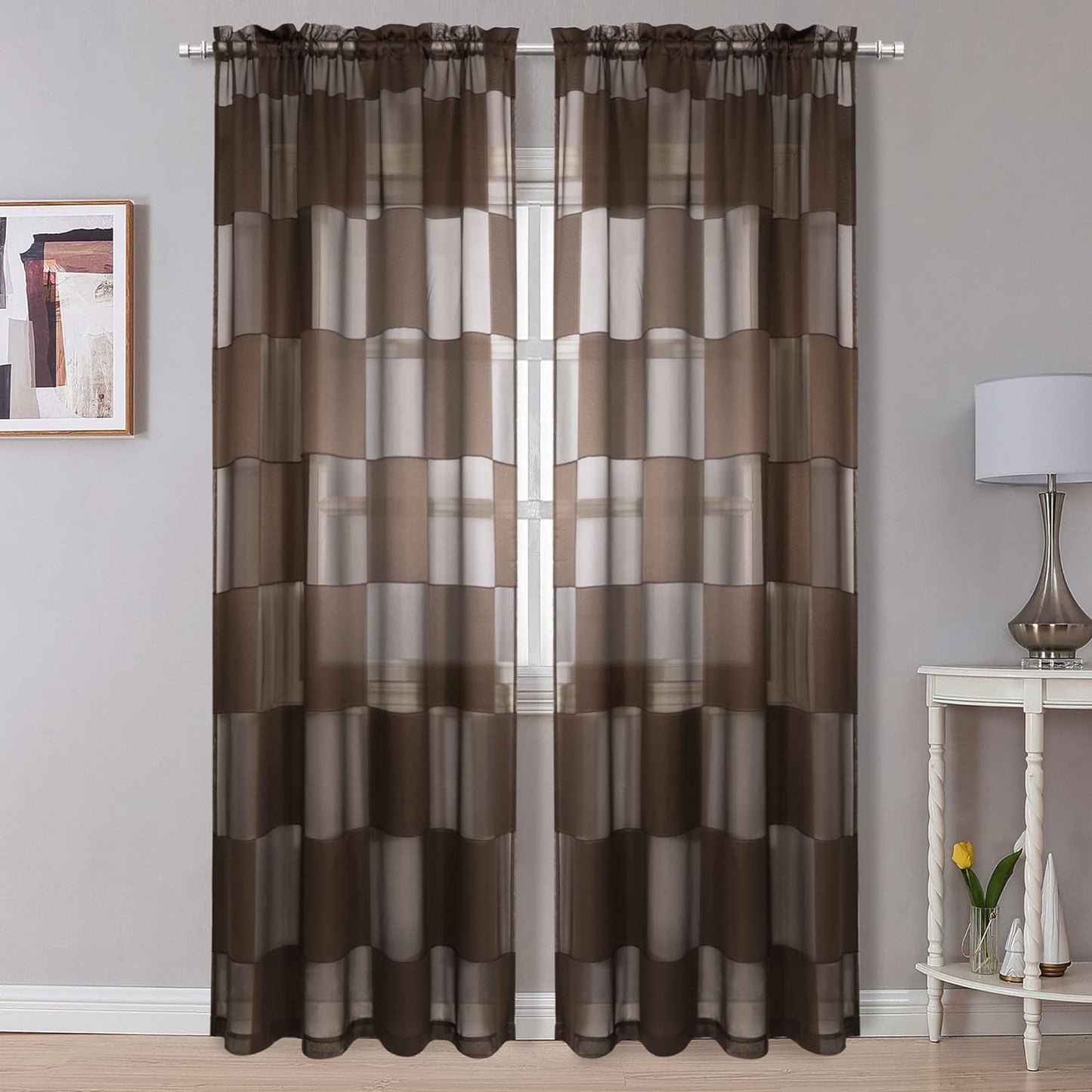 OVZME Sage Green Sheer Bedroom Curtains 84 Inch Length 2 Panels Set, Dual Rod Pocket Clip Checkered Window Curtains for Living Room, Light Filtering & Privacy Sheer Green Drapes, Each 42W X 84L  OVZME Brown 42W X 96L 