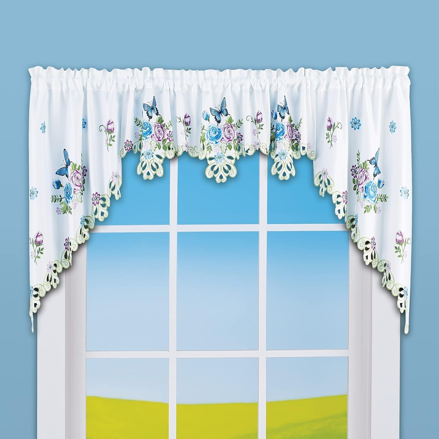 Collections Etc Beautiful Blue Butterfly Window Curtains with Cutout Border Swags