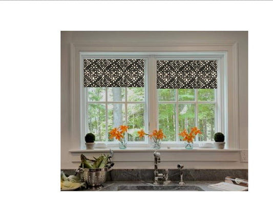 Custom Made Straight Valance in Avila Sable Grey Stencil Print, Fully Lined, Modern Farmhouse Kitchen Valance, Machine Wash, Ready to Hang