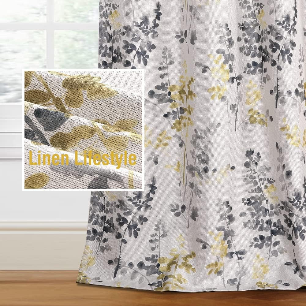 H.VERSAILTEX Linen Blackout Curtains 84 Inches Long Thermal Insulated Room Darkening Linen Curtains for Bedroom Textured Burlap Grommet Window Curtains for Living Room, Bluestone and Taupe, 2 Panels  H.VERSAILTEX Floral In Grey/Yellow 52"W X 84"L 