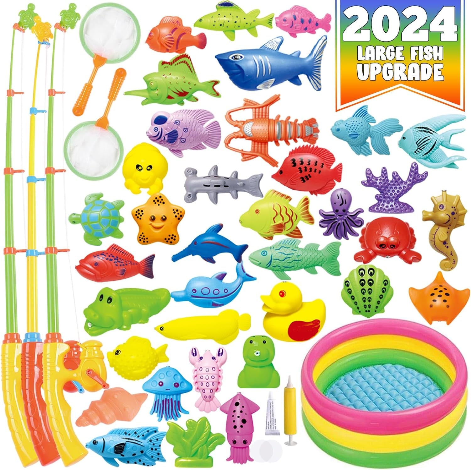 Cozybomb™ Magnetic Fishing Toys Game Set for Kids | Water Table Bathtub Kiddie Pool Party with Pole Rod Net, Plastic Floating Fish-Toddler Color Ocean Sea Animals Age 3 4 5 6 Year Fishingtoy