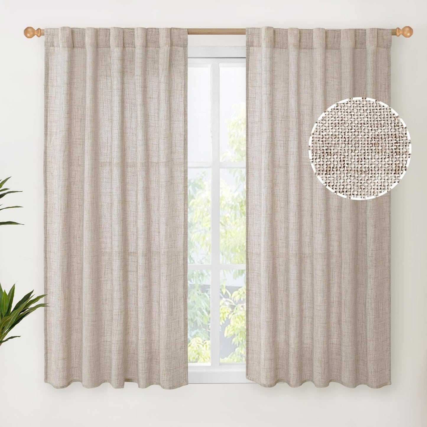Youngstex Natural Linen Curtains 72 Inch Length 2 Panels for Living Room Light Filtering Textured Window Drapes for Bedroom Dining Office Back Tab Rod Pocket, 52 X 72 Inch  YoungsTex Natural 42W X 40L 