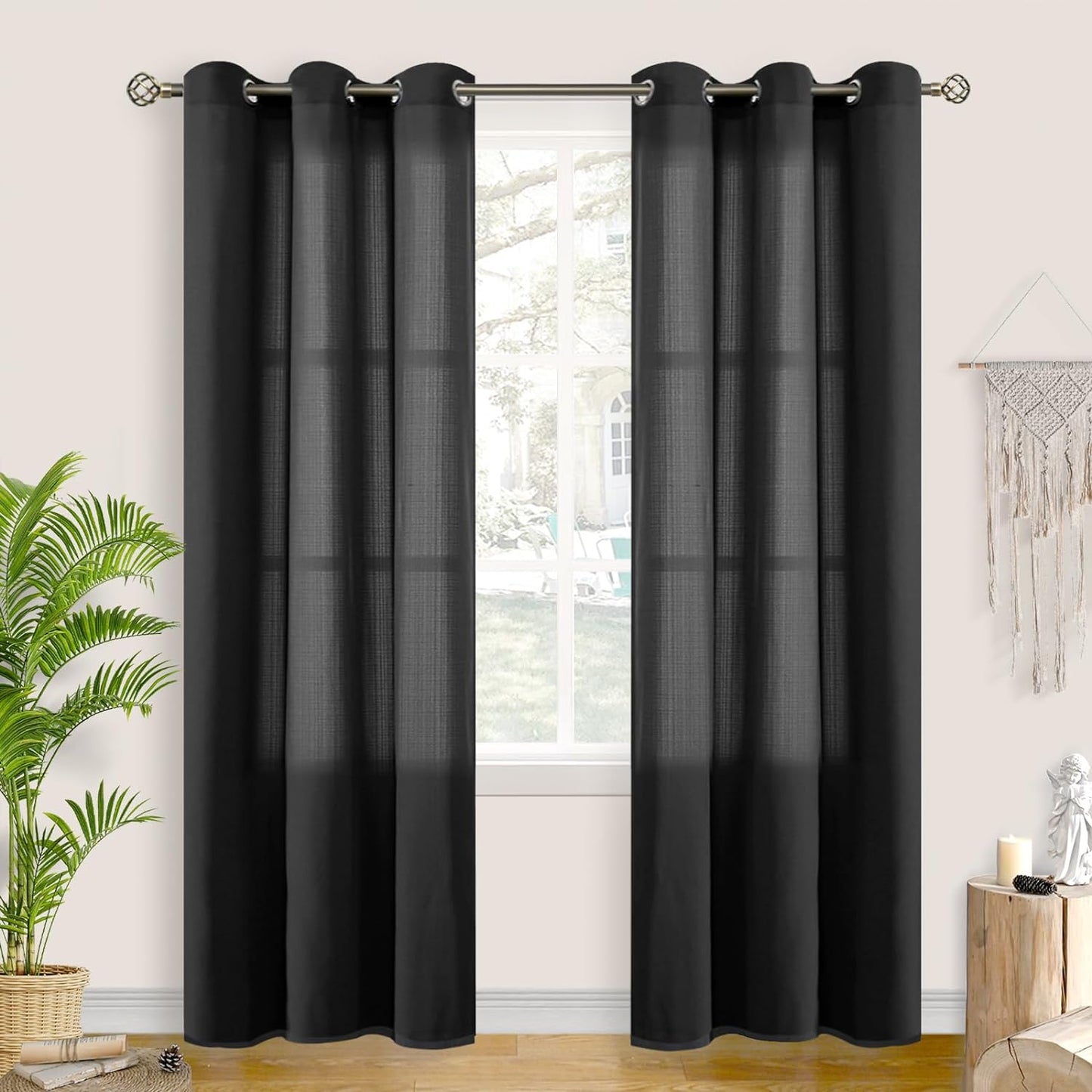 Bgment Natural Linen Look Semi Sheer Curtains for Bedroom, 52 X 54 Inch White Grommet Light Filtering Casual Textured Privacy Curtains for Bay Window, 2 Panels  BGment Black 42W X 84L 