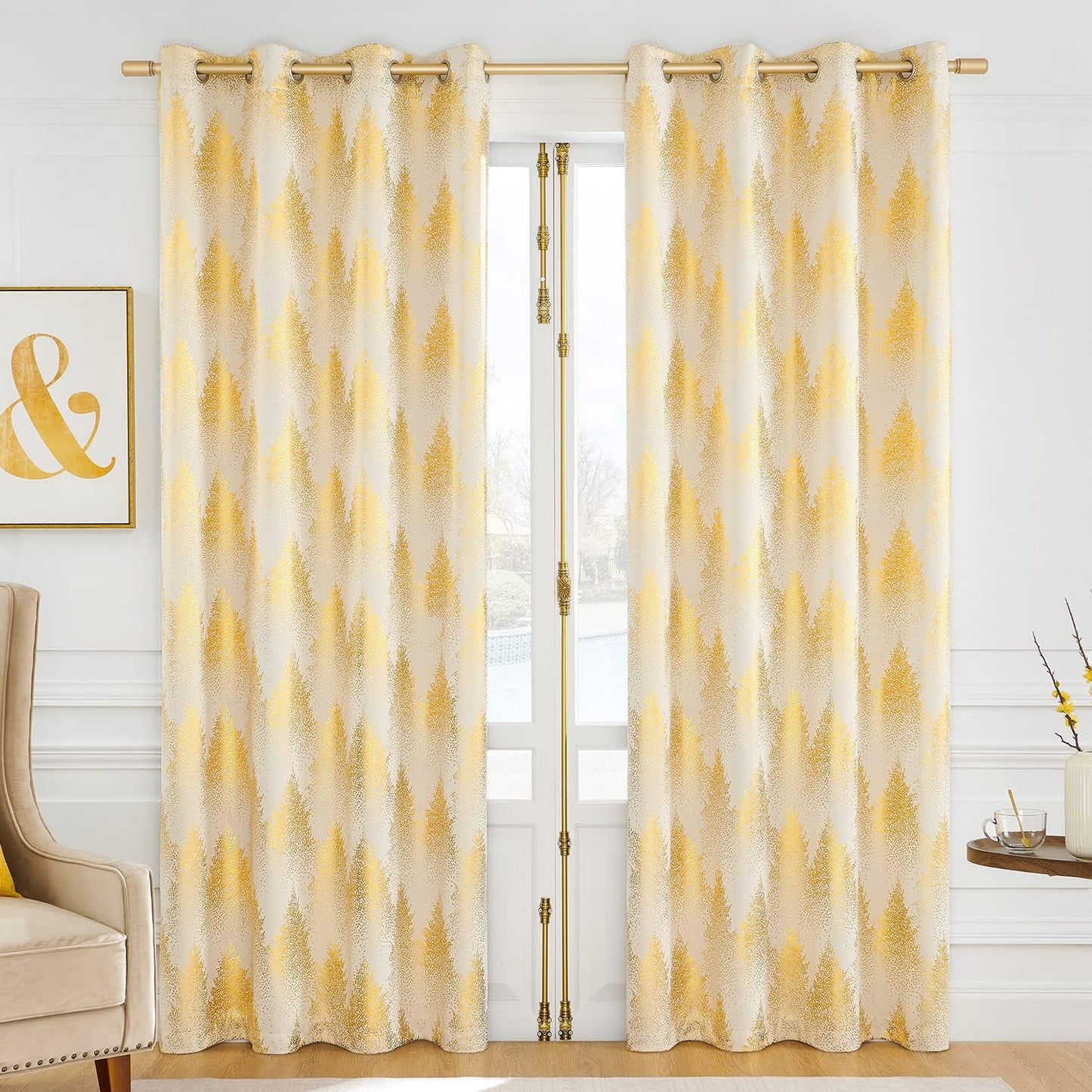 FMFUNCTEX Metallic Tree Blackout Curtains Bedroom Grey 84-Inch Living-Room Branch Print Curtain Panels Forest Triple Weave Thermal Insulated Drapes for Windows Dorm Hotel Grommet Top, 2Panels  Fmfunctex Forest: Gold Ivory 50"W X 84"L 2Pcs 