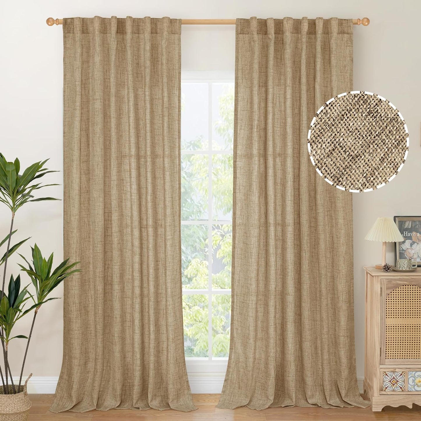 Youngstex Natural Linen Curtains 72 Inch Length 2 Panels for Living Room Light Filtering Textured Window Drapes for Bedroom Dining Office Back Tab Rod Pocket, 52 X 72 Inch  YoungsTex Toffee 52W X 95L 