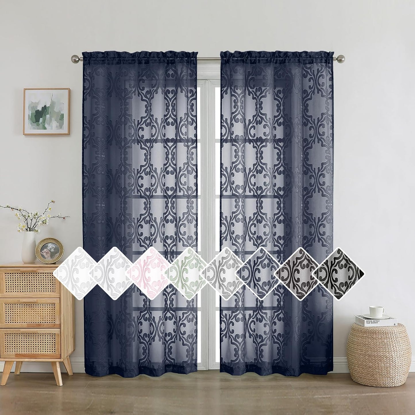 Aiyufeng Suri 2 Panels Sheer Sage Green Curtains 63 Inches Long, Light & Airy Privacy Textured Sheer Drapes, Dual Rod Pocket Voile Clipped Floral Luxury Panels for Bedroom Living Room, 42 X 63 Inch  Aiyufeng Navy Blue 2X42X72" 