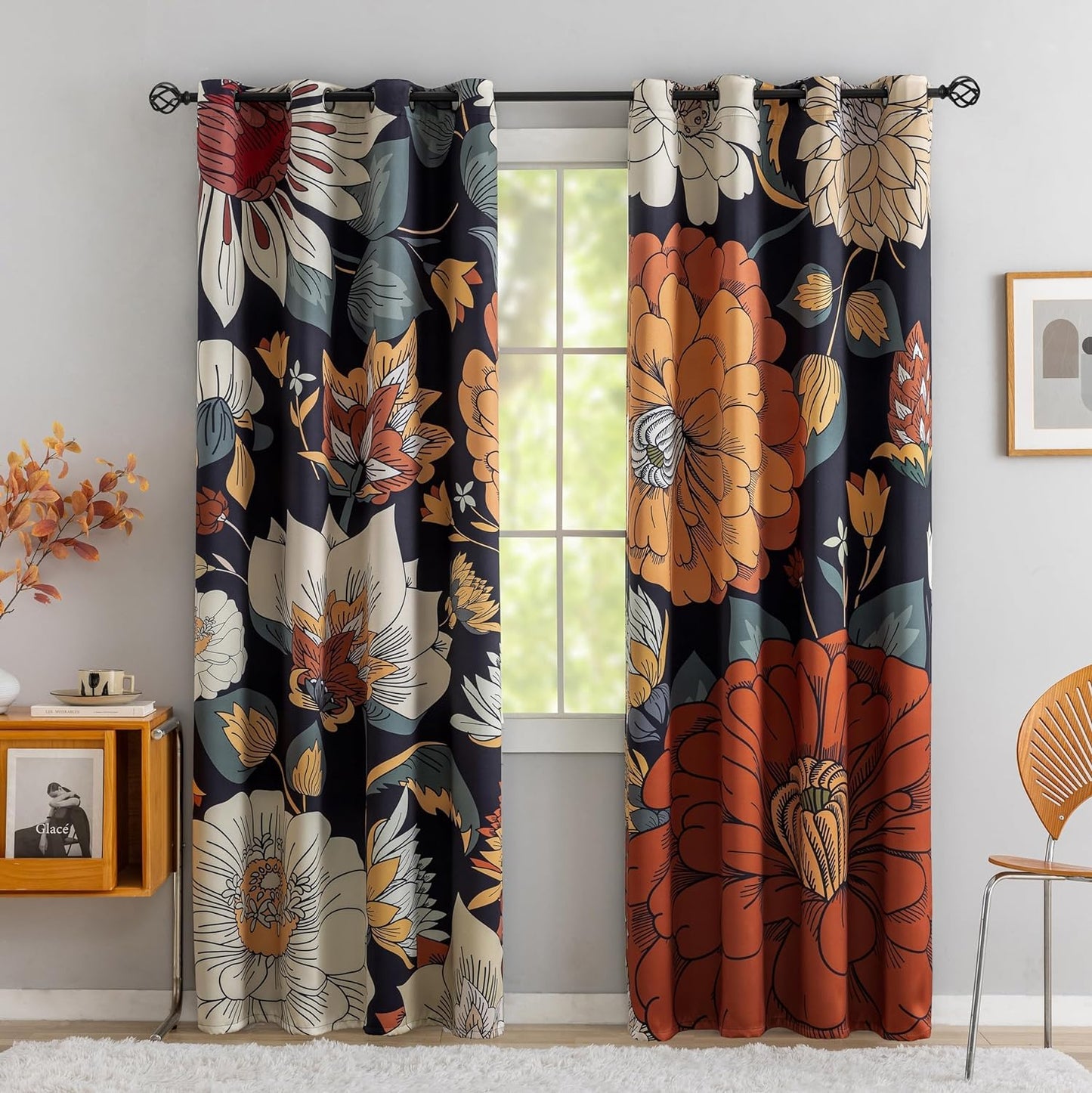 Boho Floral 100% Blackout Curtains for Living Room 96 Inch Long 2 Panels Mid Century Botanical Black Out Curtains for Bedroom Grommet Thermal Insulated Room Darkening Window Drapes,52Wx96L  Tyrot Boho Floral 52W X 84L Inch X 2 Panels 