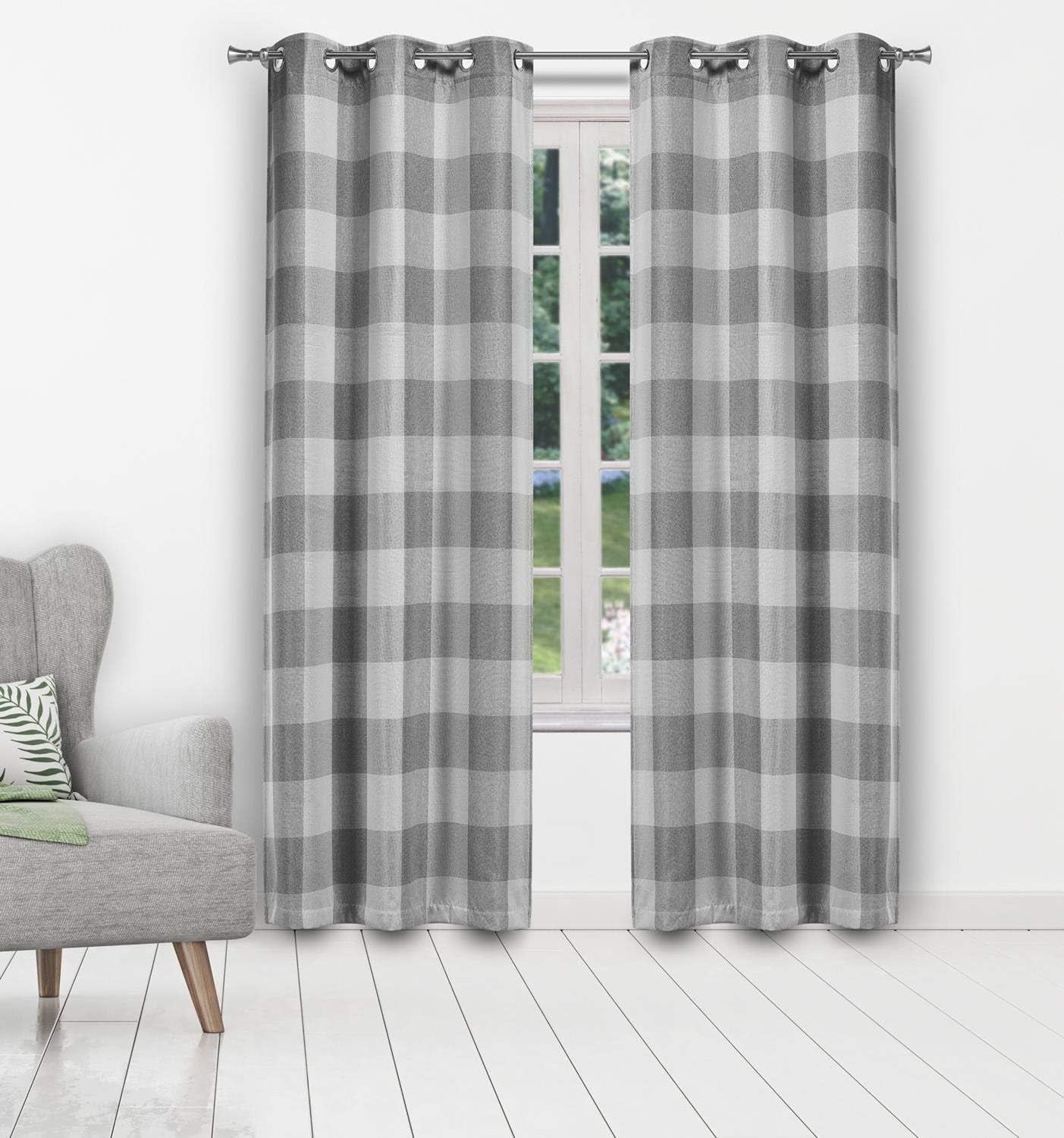 Blackout 365 Aaron Checkered Set Buffalo Plaid Blackout Bedroom-Insulated and Energy Efficient Rod Pocket Window Curtains for Living Room, 37 in X 84 in (W X L), Grey  Blackout 365 Gray 37 In X 96 In (W X L) 