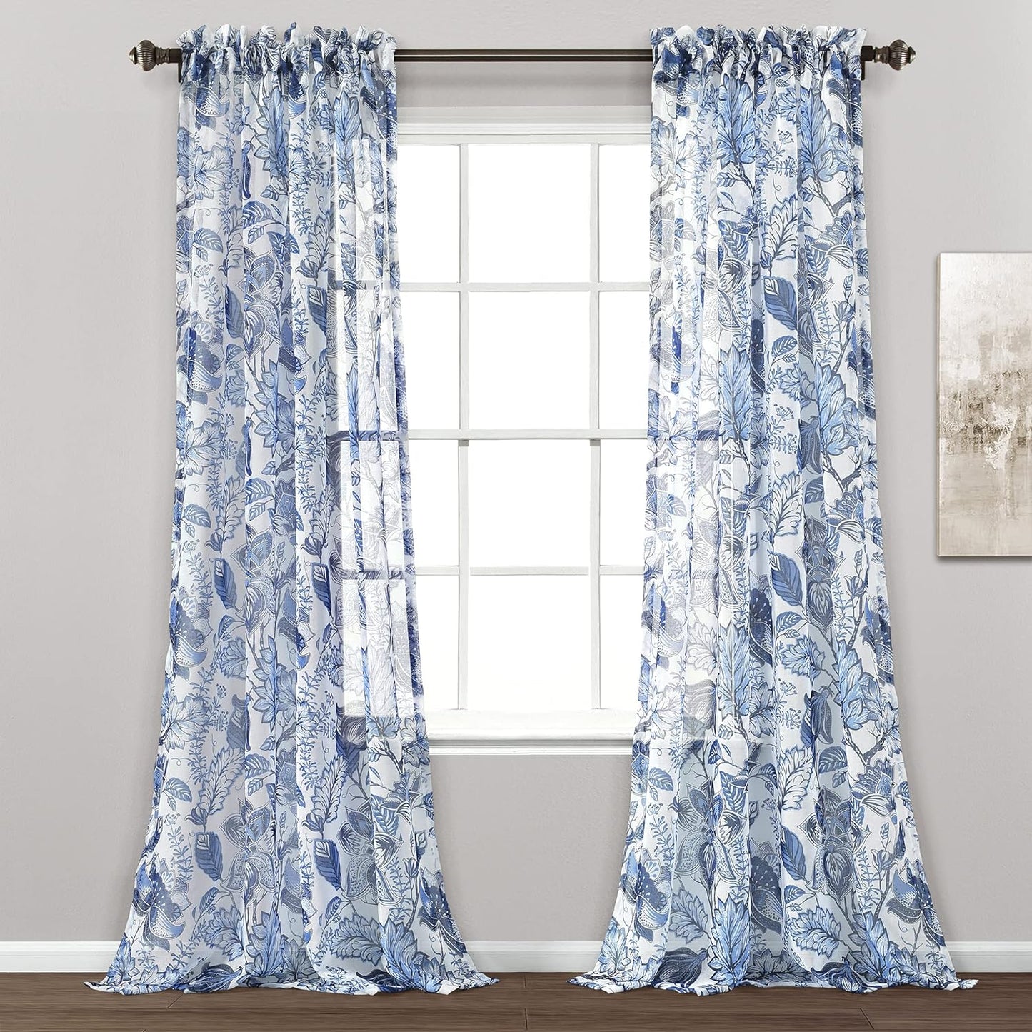 Lush Decor Cynthia Jacobean Light Filtering Window Curtain Set, 84" L Panel Pair, Blue, 2 Count  Triangle Home Fashions Blue Sheer 