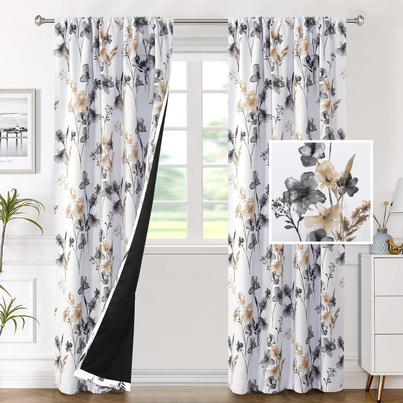 H.VERSAILTEX 100% Blackout Curtains for Bedroom Cattleya Floral Printed Drapes 84 Inches Long Leah Floral Pattern Full Light Blocking Drapes with Black Liner Rod Pocket 2 Panels, Navy/Taupe  H.VERSAILTEX Grey/Taupe 52"W X 84"L 