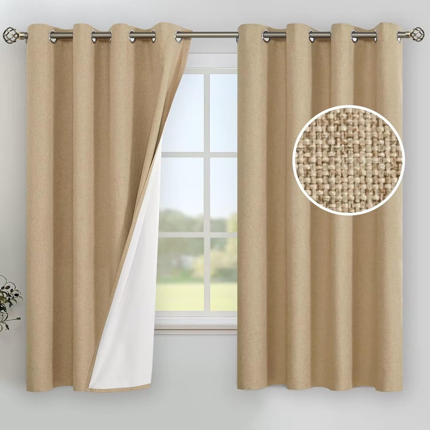 Youngstex Linen Blackout Curtains 63 Inches Long, Grommet Full Room Darkening Linen Window Drapes Thermal Insulated for Living Room Bedroom, 2 Panels, 52 X 63 Inch, Linen  YoungsTex Khaki 52W X 63L 