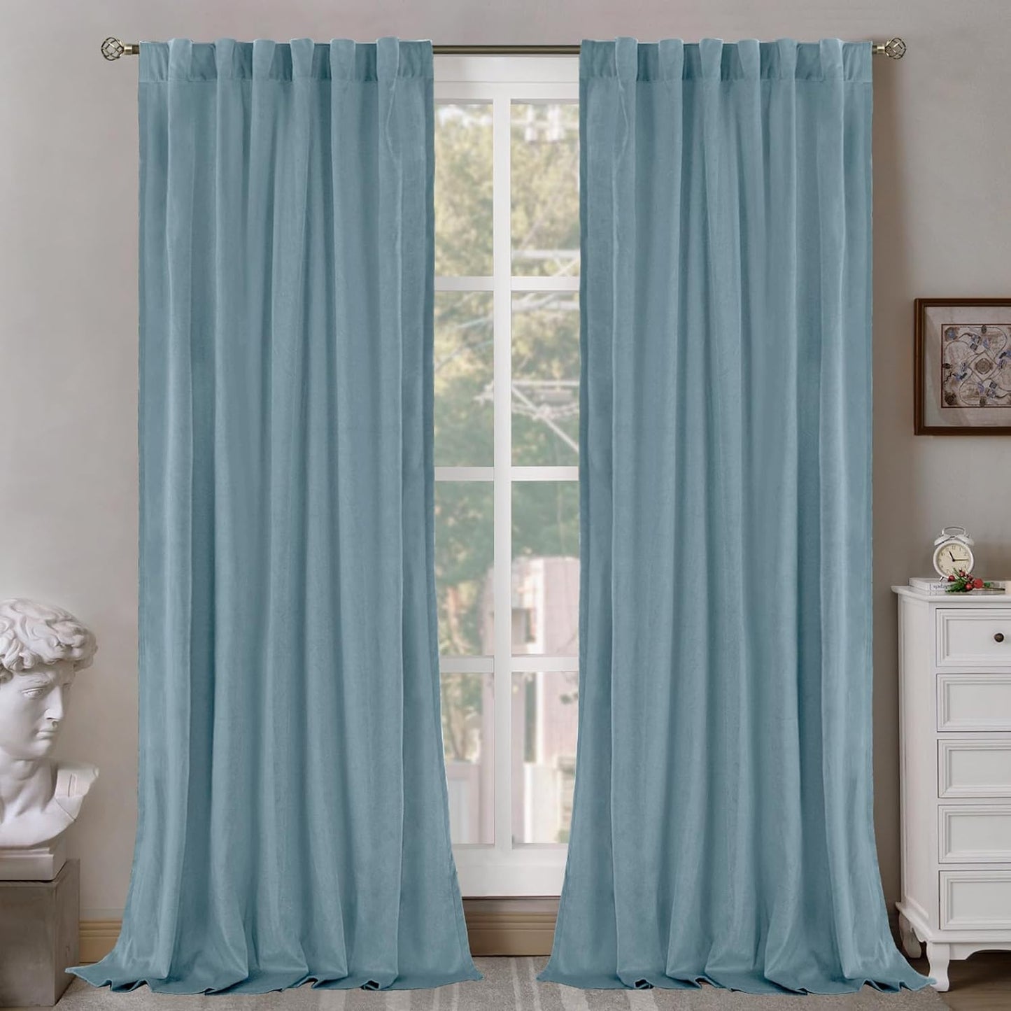 Bgment Grey Velvet Curtains 108 Inches Long for Living Room, Thermal Insulated Room Darkening Curtains Drapes Window Treatment with Back Tab and Rod Pocket, Set of 2 Panels, 52 X 108 Inch  BGment Mist Blue 52W X 90L 