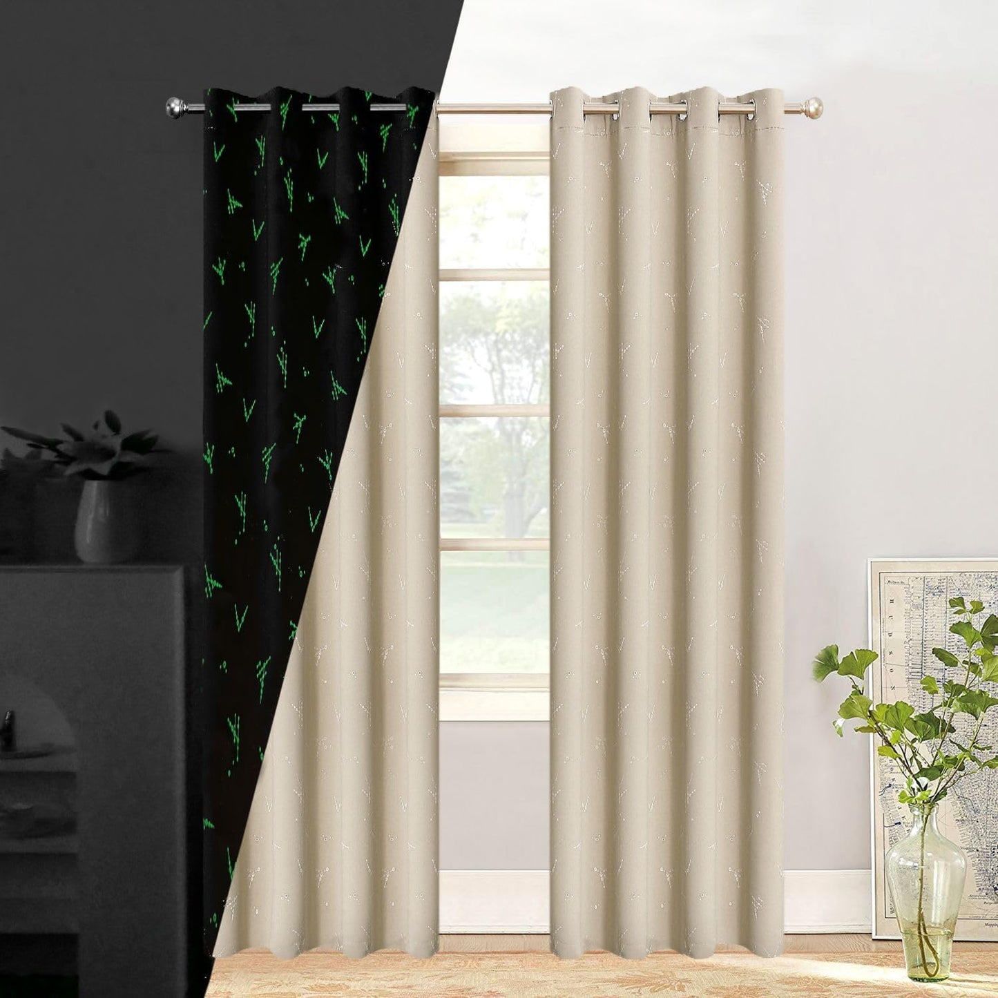 TMLTCOR Blackout Curtains for Bedroom,Bedroom Curtains for Living Room,Room Darkening Curtains 84 Inches Long,Glow in the Dark Navy Blue Curtains for Kids Bedroom,52 Inches Wide,2 Panels,Curve  TMLTCOR Beige/Spot 52"W*96"L 