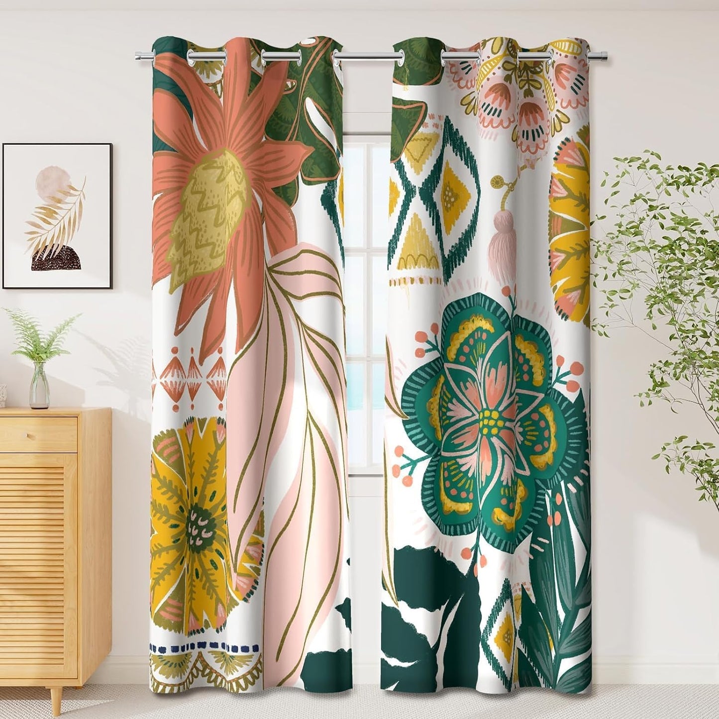 Boho Floral 100% Blackout Curtains for Living Room 96 Inch Long 2 Panels Mid Century Botanical Black Out Curtains for Bedroom Grommet Thermal Insulated Room Darkening Window Drapes,52Wx96L  Tyrot Boho Floral Print 42W X 63L Inch X 2 Panels 