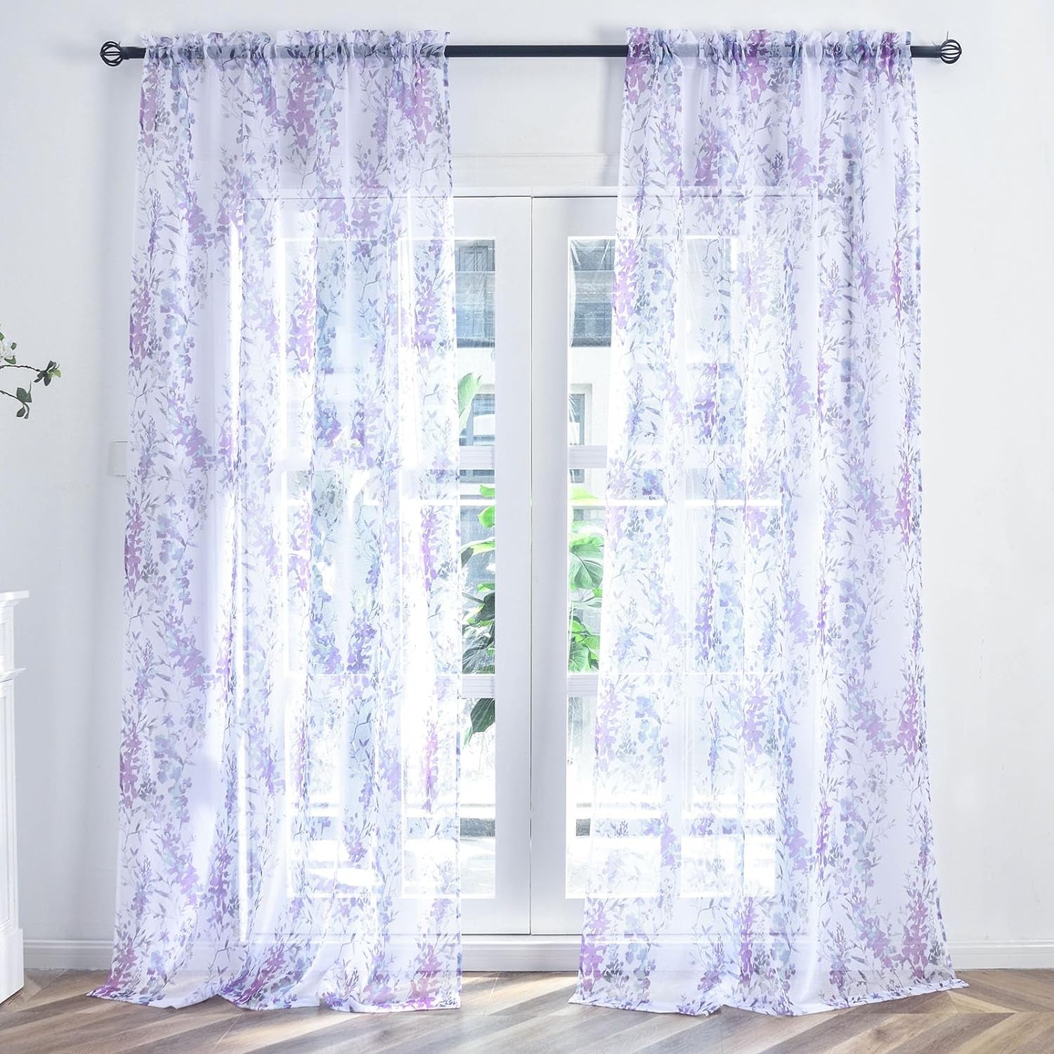 Kotile Purple White Sheer Curtains, Country Branch Leaf Print Sheer Curtains 63 Inch Length for Bedroom, Rod Pocket Privacy Floral Sheer Window Curtains, 50 X 63 Inch, 2 Panels, Purple  Kotile Textile   