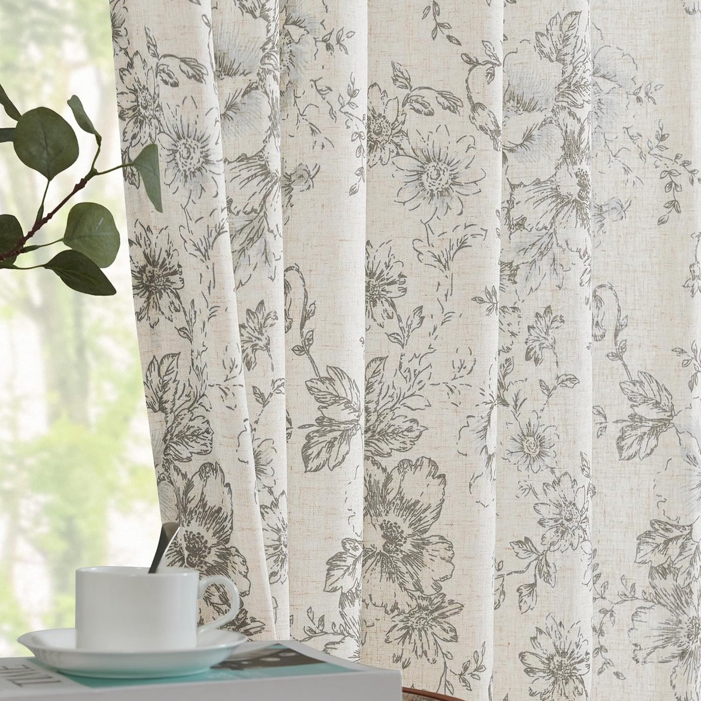 Jinchan Linen Curtains Floral Curtains for Living Room 84 Inch Length Black Printed Curtains Rod Pocket Back Tab Farmhouse Peony Flower Patterned Drapes Bedroom Window Curtain Set 2 Panels  CKNY HOME FASHION Flower Grey 50"W X 90"L 