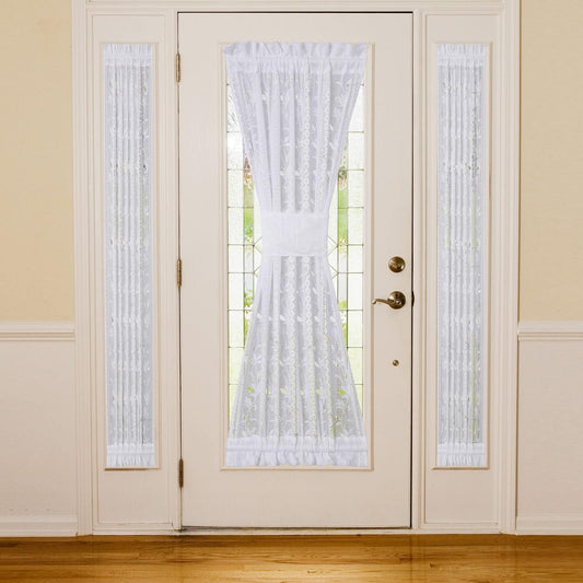 2 Pcs White Lace French Door Curtain Leaves Knitted Textured Voile Curtains 72 Inch Long Light Filtering Floral Sidelight Curtain Panel for Siding Glass Door Patio Front Door Tie-Backs Included  RLoncomix White 24" X 72" 2 Pcs 