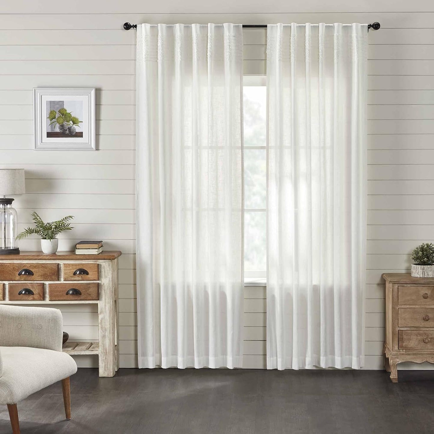 Kathryn Tier Curtains, Set of 2, 24" Long, Ruffled Curtains in a Linen-Look Soft White Cotton Semi-Sheer Fabric, Farmhouse, Cottage, Country Style Sheer Kitchen Café Curtains  Piper Classics 96" Panels  
