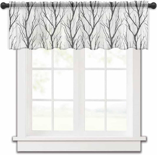 Abstract Contemporary Branch Valance Curtains for Kitchen/Living Room/Bathroom/Bedroom Window,Rod Pocket Small Topper Half Short Window Curtains Voile Sheer Scarf, Black Tree Minimalist White 60"X18"