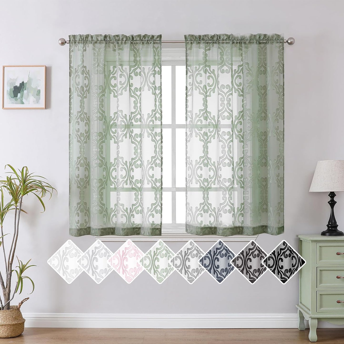 Aiyufeng Suri 2 Panels Sheer Sage Green Curtains 63 Inches Long, Light & Airy Privacy Textured Sheer Drapes, Dual Rod Pocket Voile Clipped Floral Luxury Panels for Bedroom Living Room, 42 X 63 Inch  Aiyufeng Sage Green 2X42X45" 