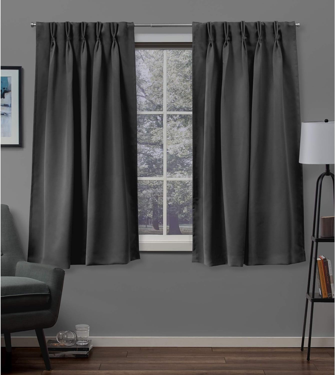 Exclusive Home Sateen Twill Woven Room Darkening Blackout Pinch Pleat/Hidden Tab Top Curtain Panel Pair, 63" Length, Charcoal  Exclusive Home Curtains Charcoal 63" Length 